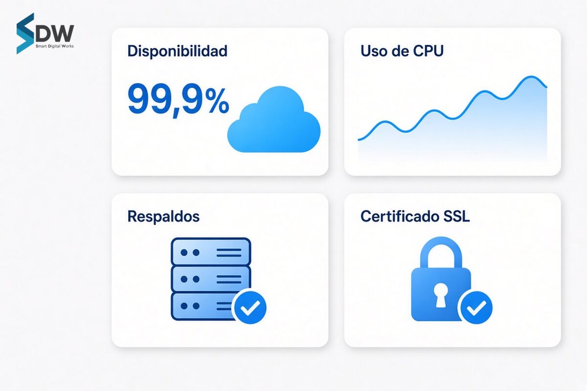 Panel de monitoreo con disponibilidad, uso de CPU, respaldos y certificado SSL