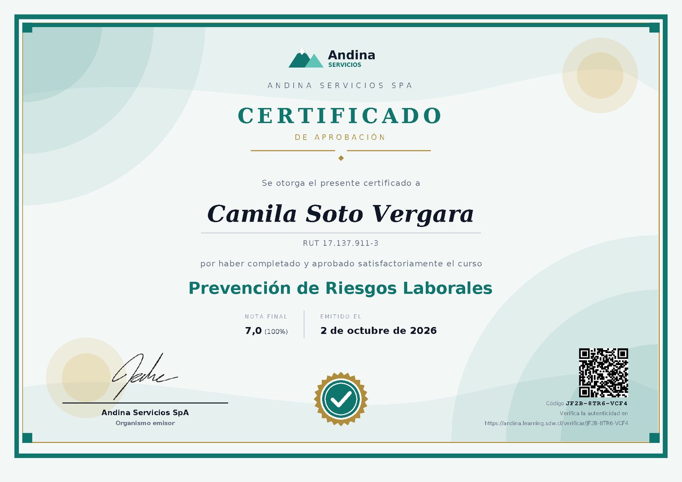 Certificado de aprobación de SDW Learning con logo, nombre, firma del instructor, sello y código QR